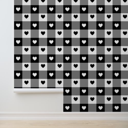 Plaid Hearts Cute Fun Black  White Unisex Nursery Wallpaper