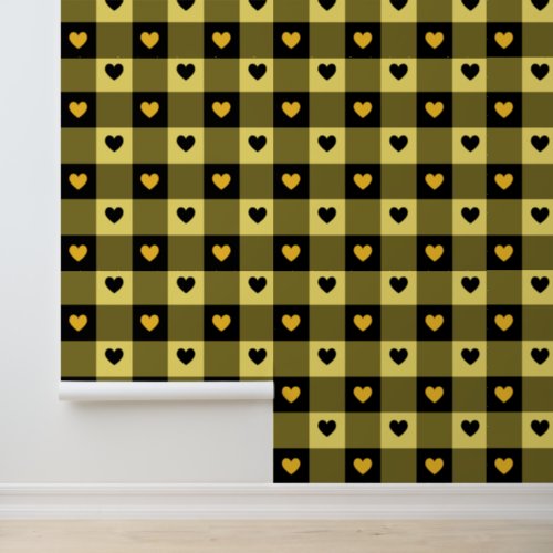     Plaid  Hearts Cute Fun Black  Yellow Nursery Wallpaper