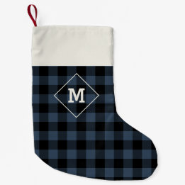 Plaid Holiday Initial Medieval Blue + Black Small Christmas Stocking