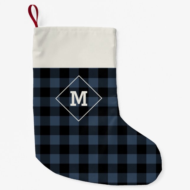 Plaid Holiday Initial Medieval Blue + Black Small Christmas Stocking (Front)