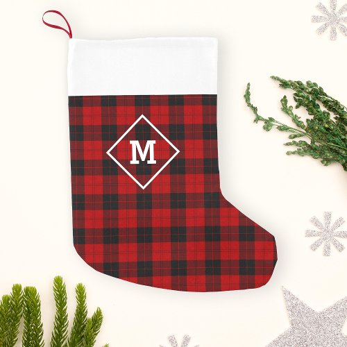 Plaid Holiday Initial Red  Black Small Christmas Stocking