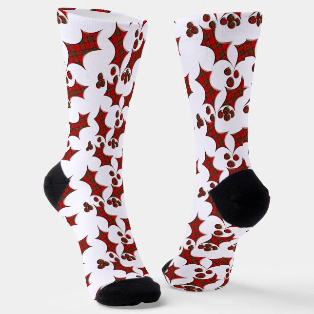 Plaid Holly and Berries Christmas Socks (Angled)