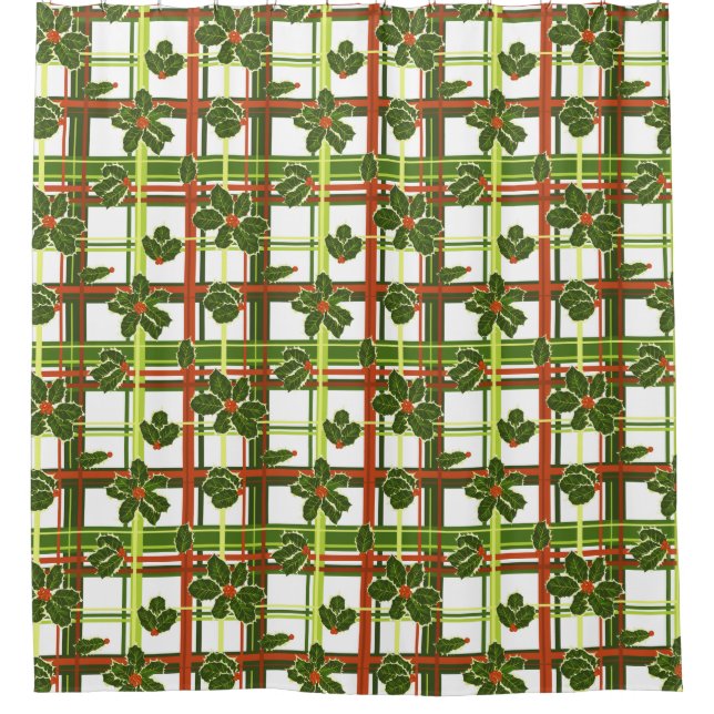 Plaid Holly Berries Christmas Shower Curtain (Front)