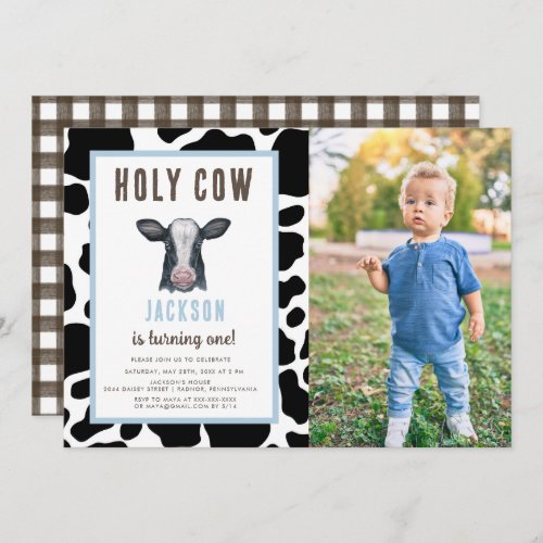 Plaid Holy Cow Im One Boy Birthday  Invitation