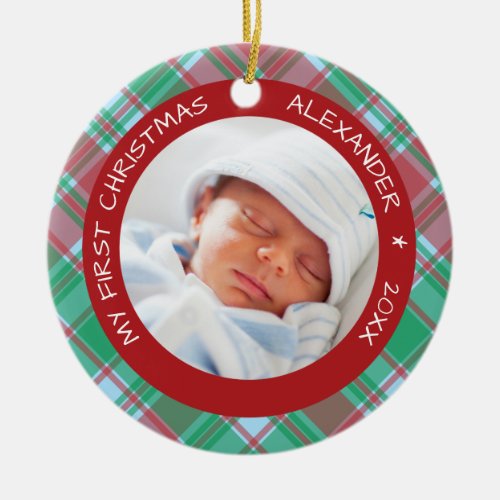 Plaid I Babys First Christmas Photo Ceramic Ornament