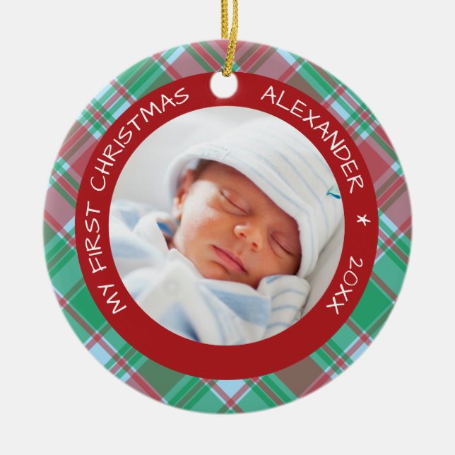 Plaid I Baby's First Christmas Photo Ceramic Ornament (Front)