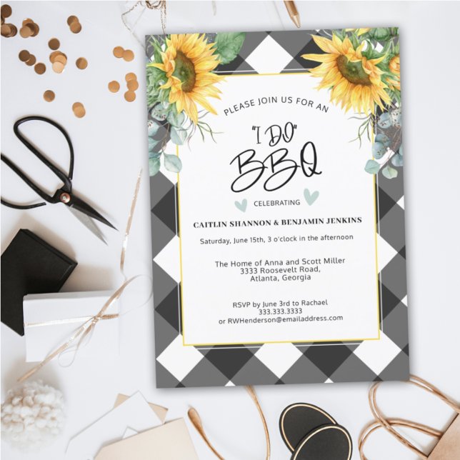 Plaid I Do BBQ Sunflower Engagement Bridal Shower Invitation