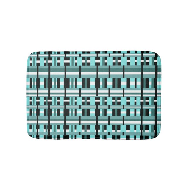 Plaid in Aqua, Teal, Black & White Bold Bath Mat (Front)