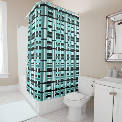 Plaid in Aqua Teal Black  White Bold Shower Curtain