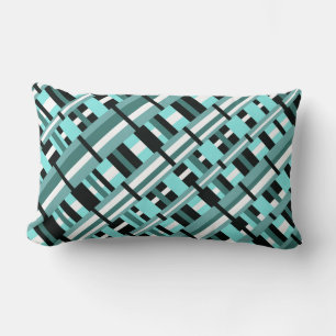 Plaid in Aqua, Teal, Black & White Diagonal Lumbar Pillow