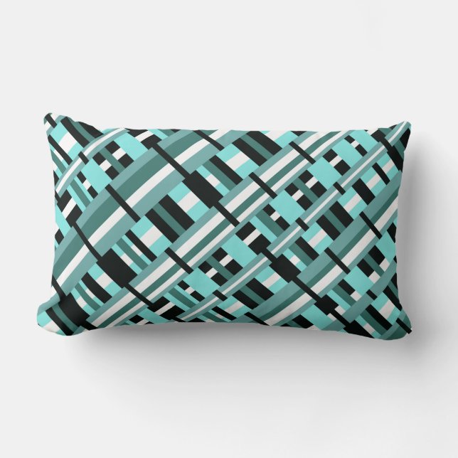 Plaid in Aqua, Teal, Black & White Diagonal Lumbar Pillow (Front)