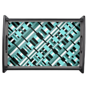 Plaid in Aqua, Teal, Black & White Diagonal Serving Tray