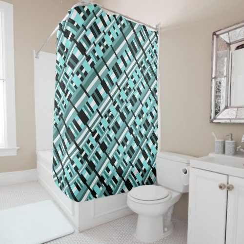 Plaid in Aqua Teal Black  White Diagonal  Shower Curtain