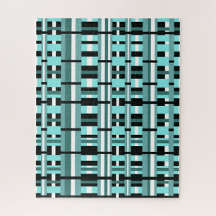 Plaid in Aqua, Teal, Black & White Jigsaw Puzzle