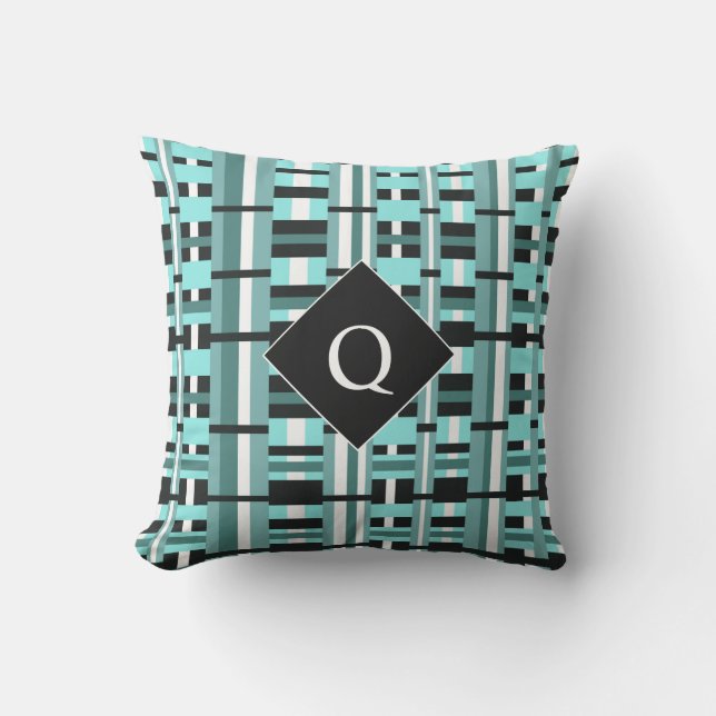 Plaid in Aqua, Teal, Black & White Monogram Outdoor Pillow (Front)