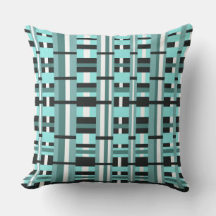 Plaid in Aqua, Teal, Black & White Outdoor Pillow