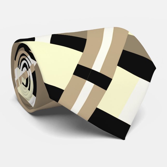 Plaid in Black, White, Cream, Tan & Taupe Neck Tie (Rolled)