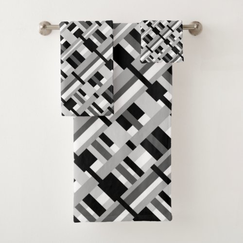 Plaid in Black White  Gray Diagonal  Bath Towel Set