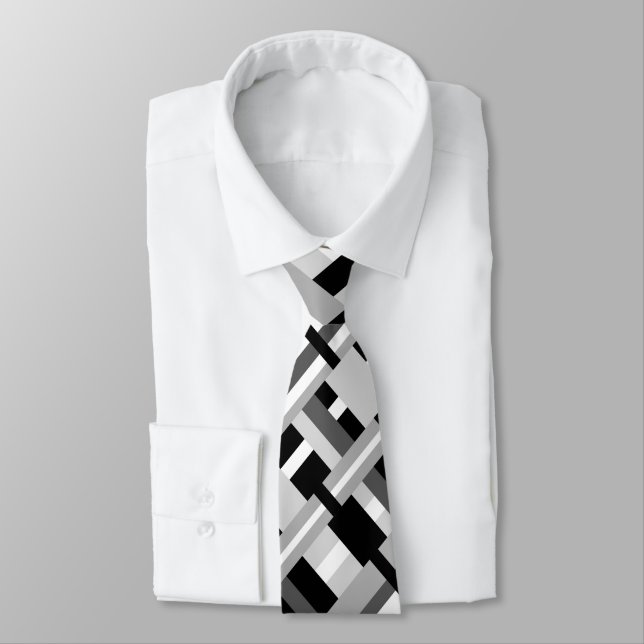 Plaid in Black, White & Gray Modern Pattern Neck Tie (Tied)