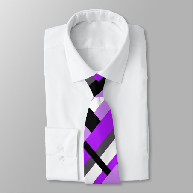Plaid in Black, White, Gray & Purple Modern Neck Tie (Tied)