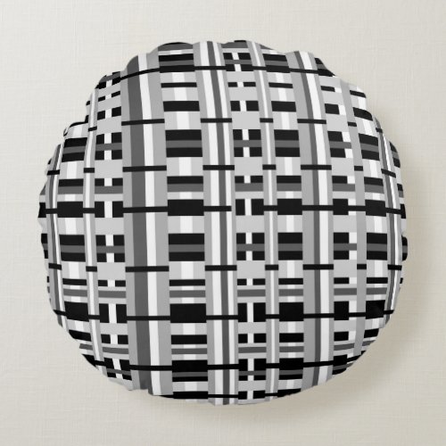 Plaid in Black White  Gray Round Pillow