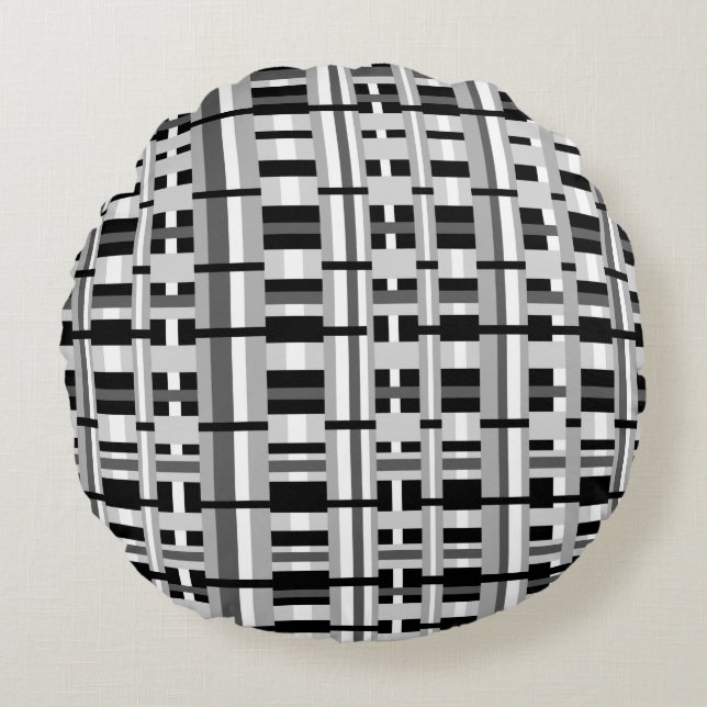 Plaid in Black White & Gray Round Pillow (Front)