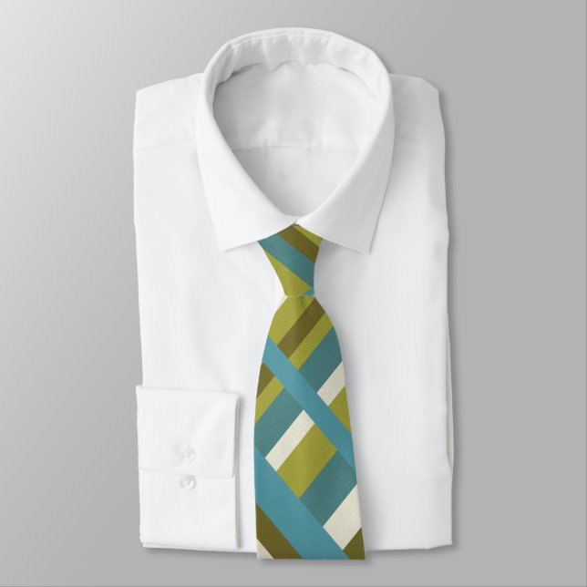 Plaid in Blue Green, Olive & Khaki Modern Pattern Neck Tie (Tied)