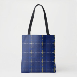 plaid in blue on blues, gold, & silver tote bag