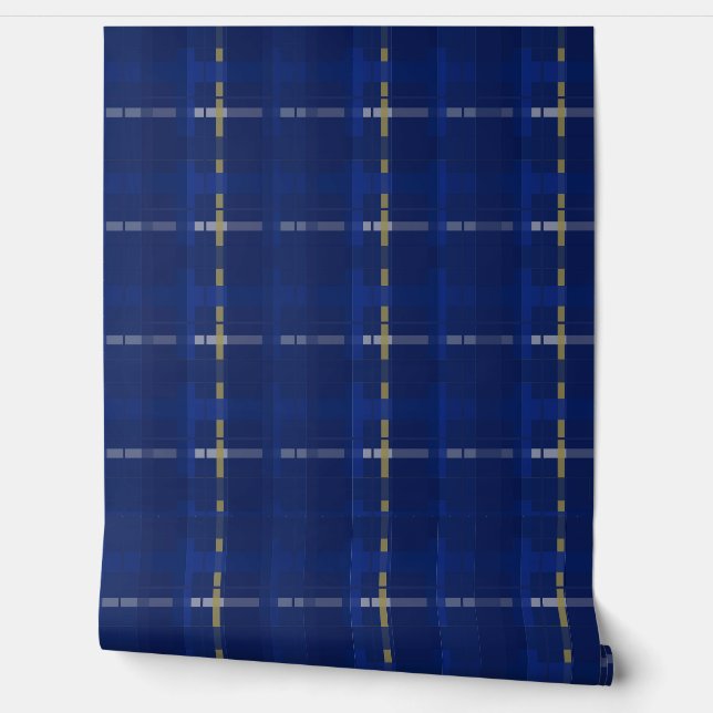 plaid in blue on blues, gold, & silver wallpaper  (Unrolling)