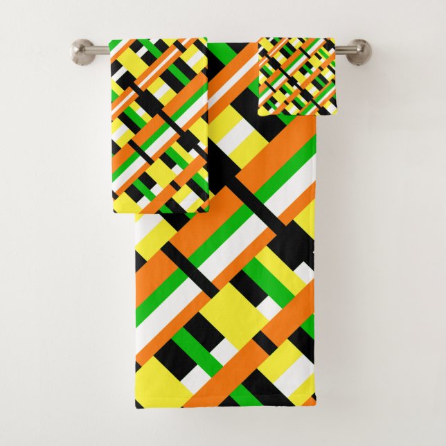 Plaid in Green, Orange & Yellow Modern Diagonal Bath Towel Set (Insitu)