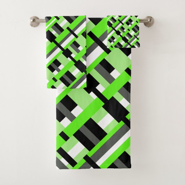 Plaid in Lime Green, Black & Gray Diagonal Bath Towel Set (Insitu)