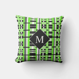 Plaid in Lime Green, Black & Gray Monogram Outdoor Pillow