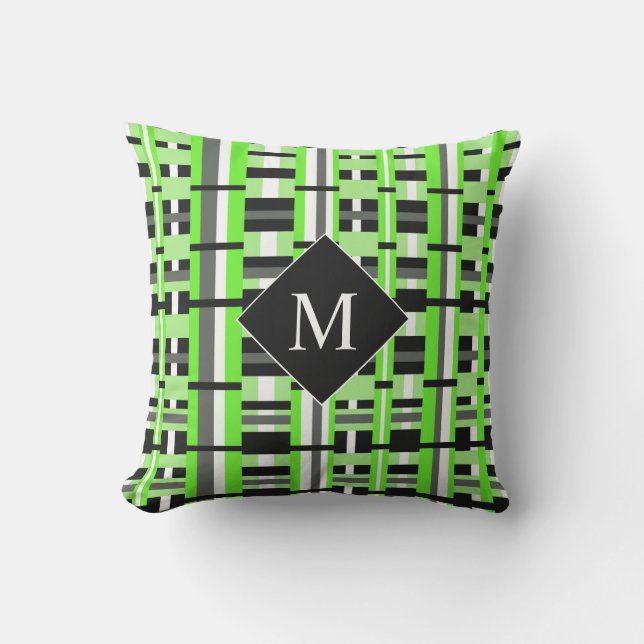 Plaid in Lime Green, Black & Gray Monogram Outdoor Pillow (Front)
