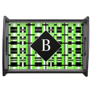 Plaid in Lime Green, Black & Gray Monogram Serving Tray