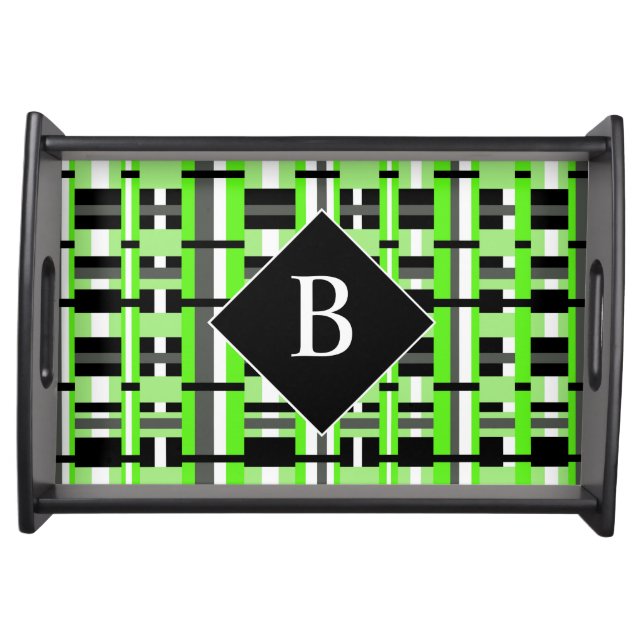 Plaid in Lime Green, Black & Gray Monogram Serving Tray (Front)