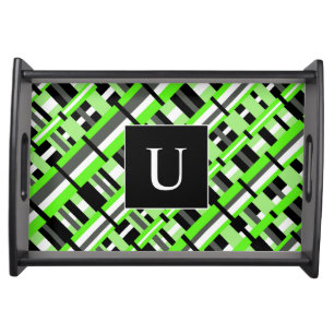 Plaid in Lime Green, Black & Gray Monogram Serving Tray