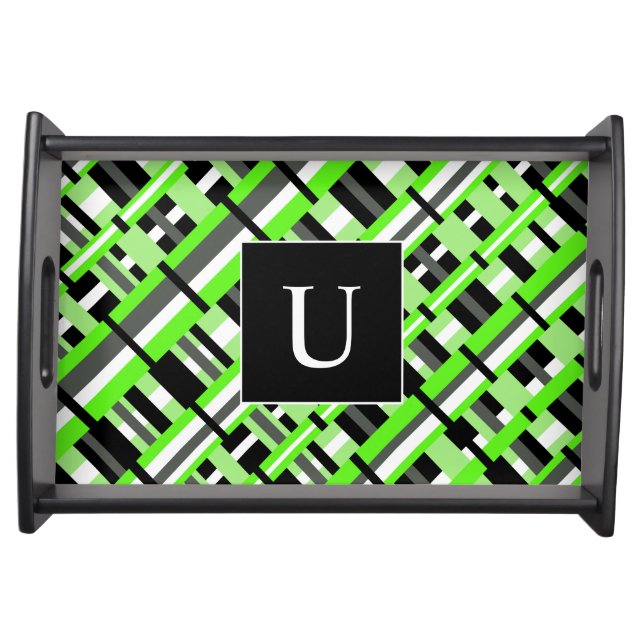 Plaid in Lime Green, Black & Gray Monogram Serving Tray (Front)