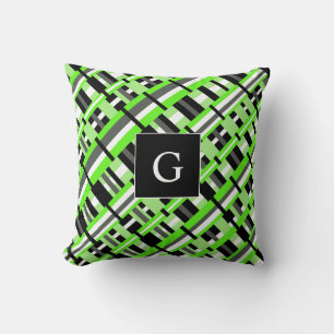 Plaid in Lime Green, Black & Gray Monogram Throw Pillow