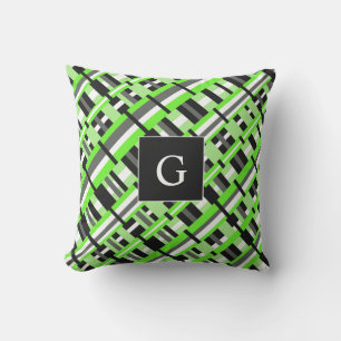 Plaid in Lime Green, Black & Gray Monogram Throw Pillow