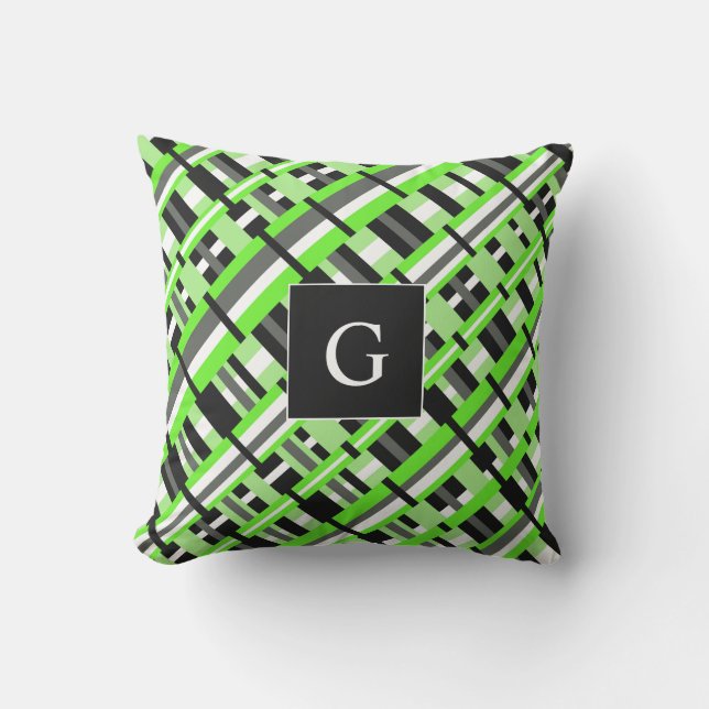 Plaid in Lime Green, Black & Gray Monogram Throw Pillow (Front)