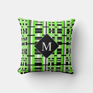 Plaid in Lime Green, Black & Gray Monogram Throw Pillow