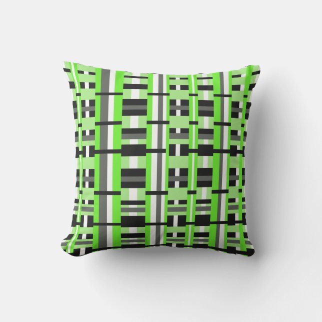 Plaid in Lime Green, Black & Gray Outdoor Pillow (Front)