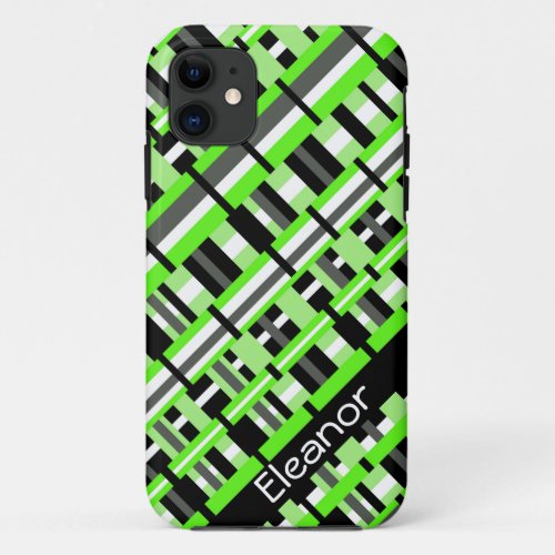 Plaid in Lime Green Black  Gray Personalized iPhone 11 Case