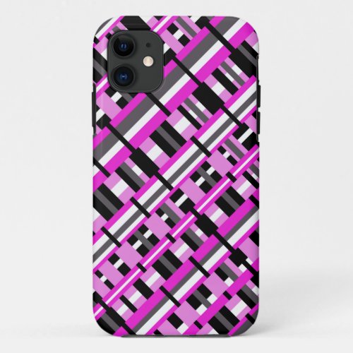 Plaid in Pink Black  Gray Diagonal iPhone 11 Case