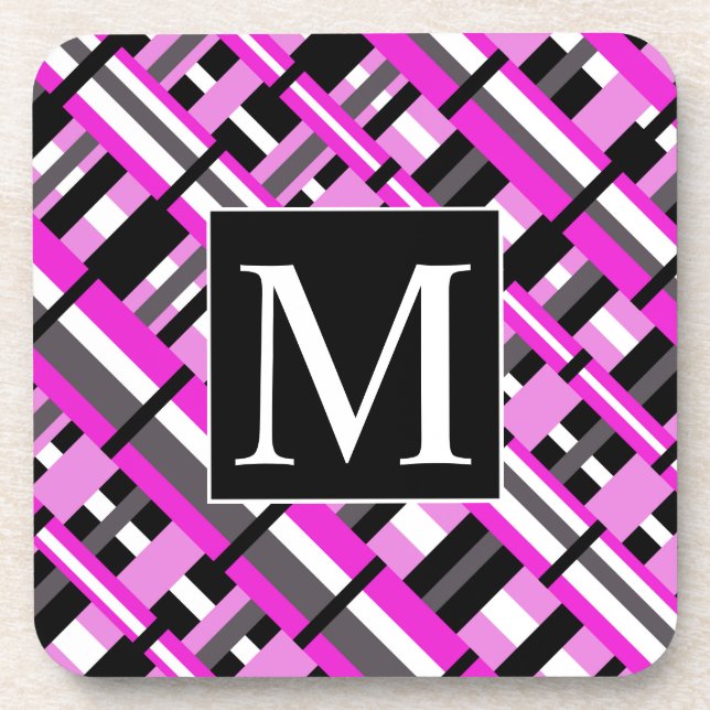 Plaid in Pink, Black & Gray Diagonal Monogram Coaster (Front)