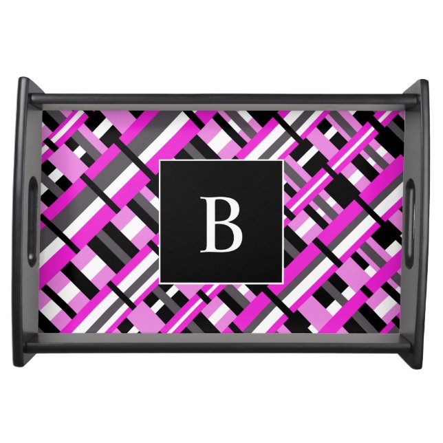 Plaid in Pink, Black & Gray Diagonal Monogram Serving Tray (Front)