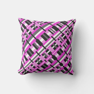 Plaid in Pink, Black & Gray Diagonal Outdoor Pillow