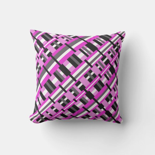 Plaid in Pink Black  Gray Diagonal Outdoor Pillow