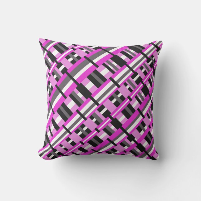 Plaid in Pink, Black & Gray Diagonal Outdoor Pillow (Front)