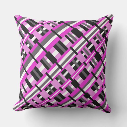 Plaid in Pink Black  Gray Diagonal Throw Pillow